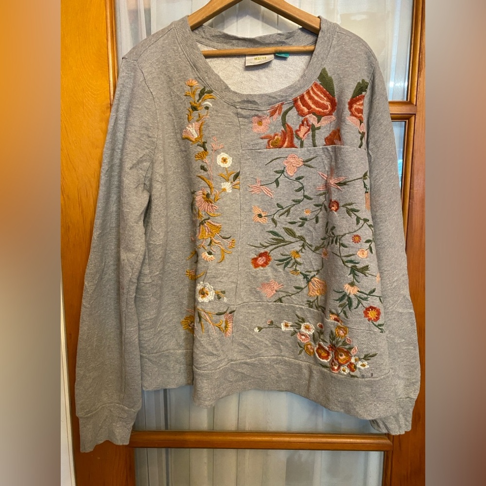 Anthropologie Maeve Embroidered Gray Cotton Knit Sweatshirt Size 1X - Picture 2 of 8